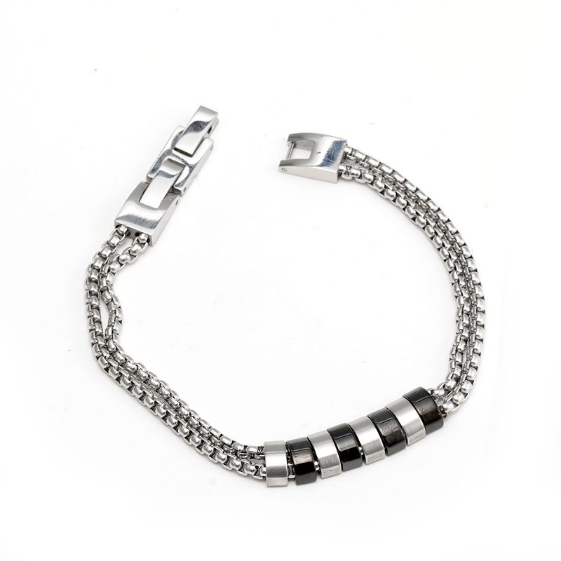 Hip Hop Cuban Stainless Ins Trendy Men's Pearl Chain Double Buckle Titanium Steel Bracelet_voghion.com