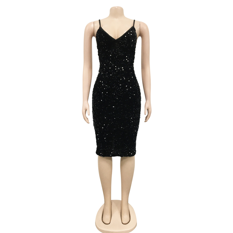 Einfarbiges, sexy Strapsrockkleid mit V-Ausschnitt für Damen mit Pailletten_voghion.com