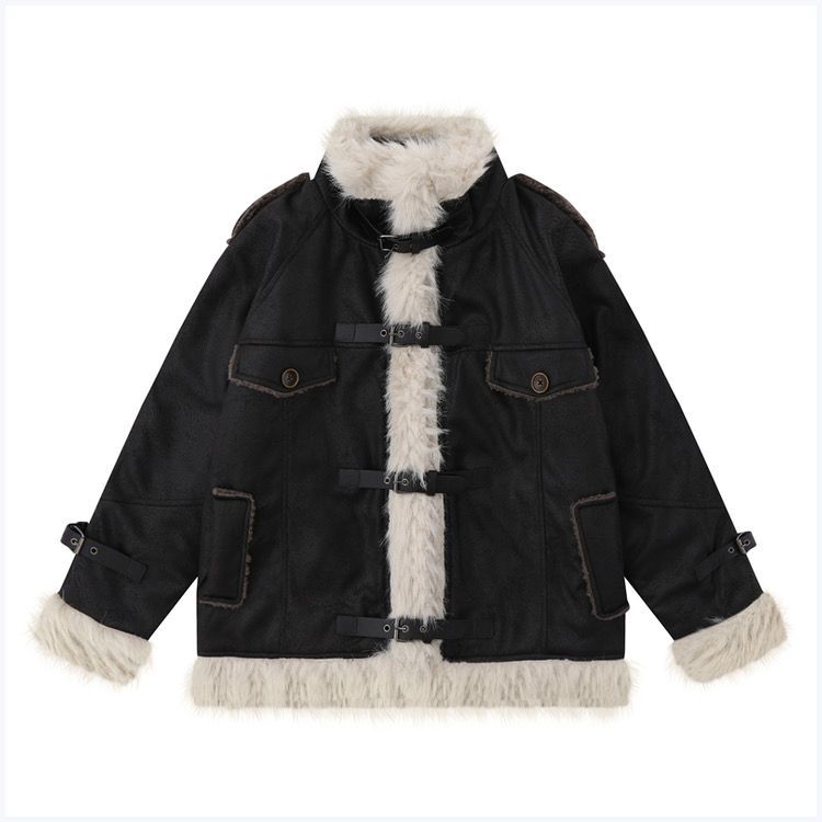 Cappotto in pelle di pecora in stile americano per donna, giacca da motociclista invernale in pelle scamosciata spessa foderata in pile, design di alta qualità_voghion.com