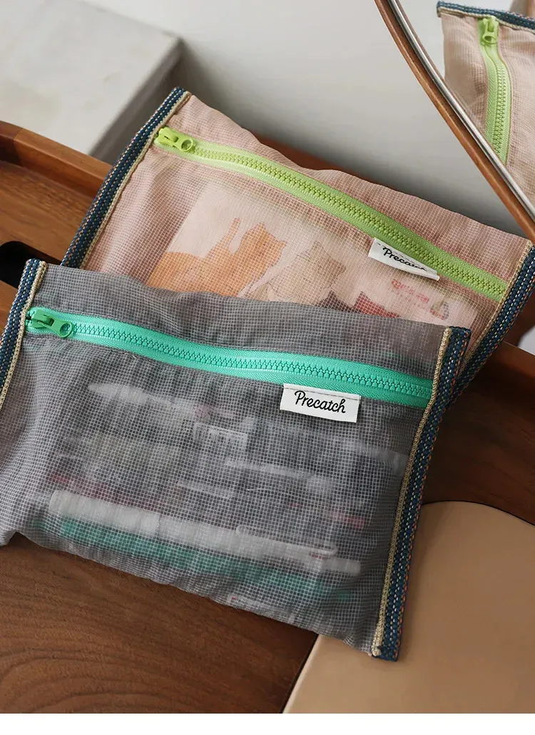 Translucent Mesh Nylon ID Travel Ticket Data Line Pen Storage Portable Thin Foldable Cosmetic Bag Pencil Case 250414_voghion.com