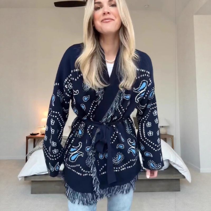 Eleganter Kimono-Cardigan mit V-Ausschnitt und Fransen – weicher Wickelschal aus Polyester mit Blumendruck, bequeme, lockere Passform für Damen (Dunkelblau)_voghion.com