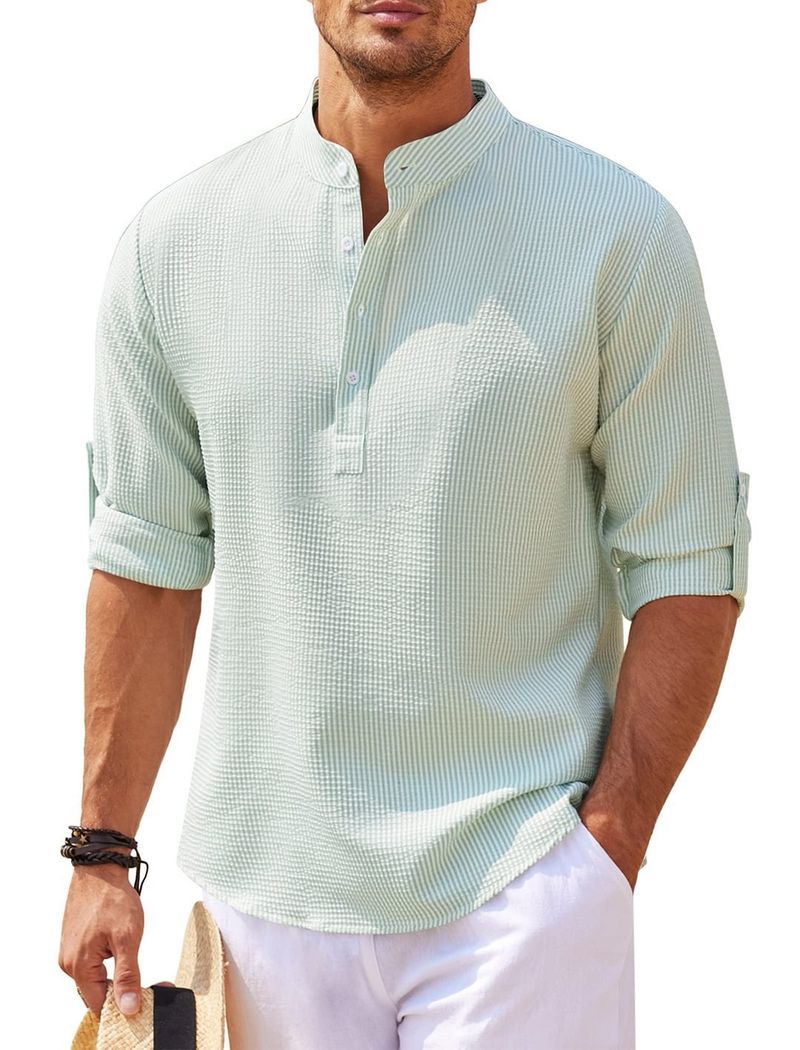 Camicia a maniche lunghe da uomo, colletto alto, mezza camicia con bottoni, camicia a quadri con ananas_voghion.com