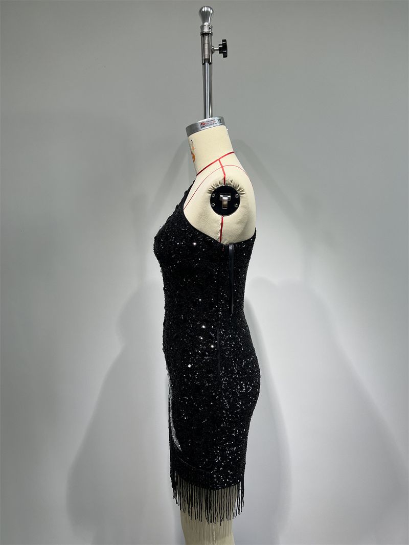 Robe de soirée moulante élégante à épaules dénudées et franges en sequins pour femme - Robe de soirée glamour et ajustée à taille haute_voghion.com