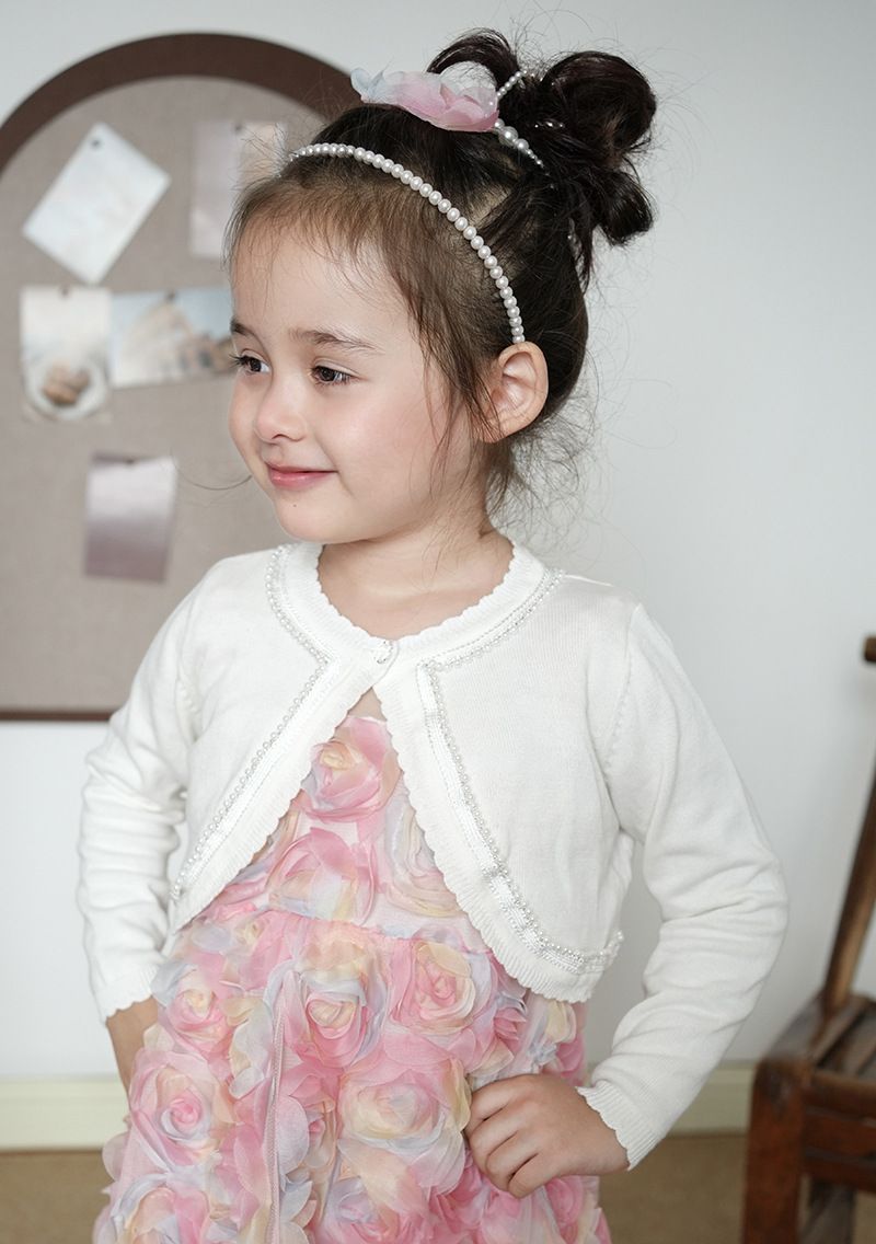 Cardigan en tricot de coton pour fille – Veste d'été légère avec bordure perlée (90-160 cm, blanc/rose/violet, sécurité classe B)_voghion.com