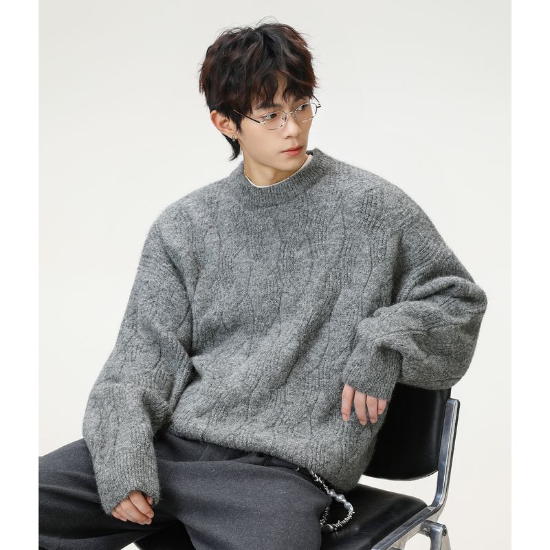 Schwerer, verdickter Mohair-Pullover mit Rundhalsausschnitt, gedrehter, strukturierter Strickpullover für Herren, Vintage-Lockerjacke_voghion.com