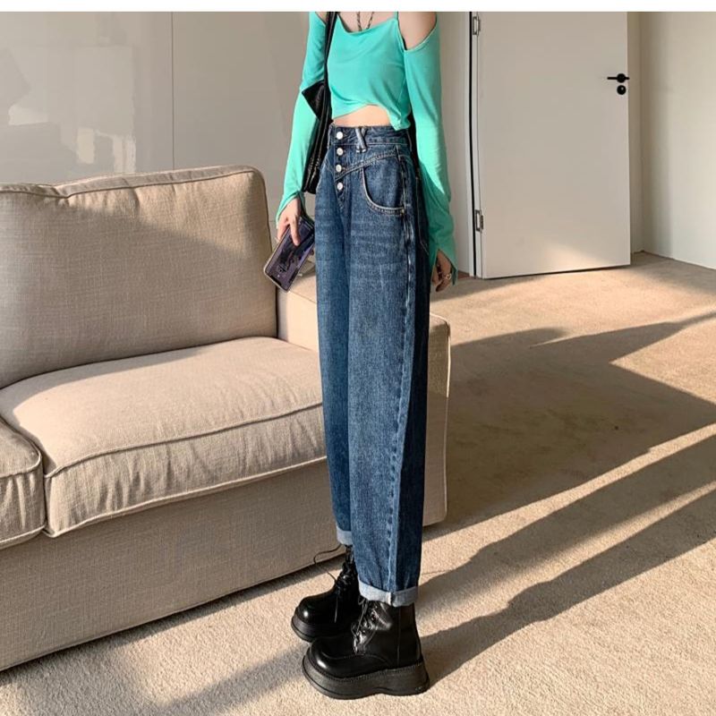 Printemps et automne petits jeans à jambes larges style américain nouveau tube droit taille haute lâche gros pantalon papa soeur grande taille_voghion.com