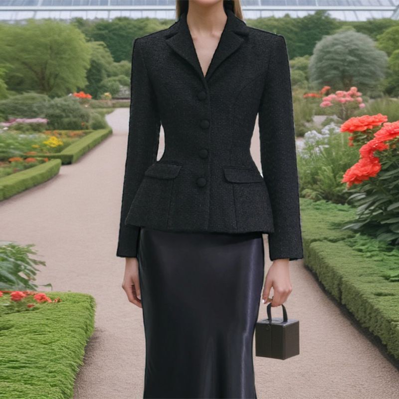 Conjunto elegante de duas peças com inspiração francesa - Blazer slim fit de manga comprida e vestido com fecho de um botão, roupa feminina para escritório e noite (preto, P/M/G)_voghion.com