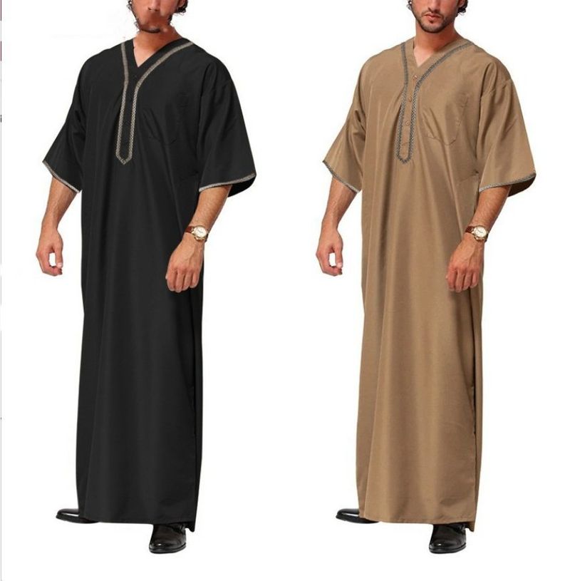 2025 Muslim Men Jubba Thobe Fixed Button Kimono Middle Robe Saudi Muslim Man Shirt Stand Collar Islamic Arab Kaftan Men Abayas_voghion.com