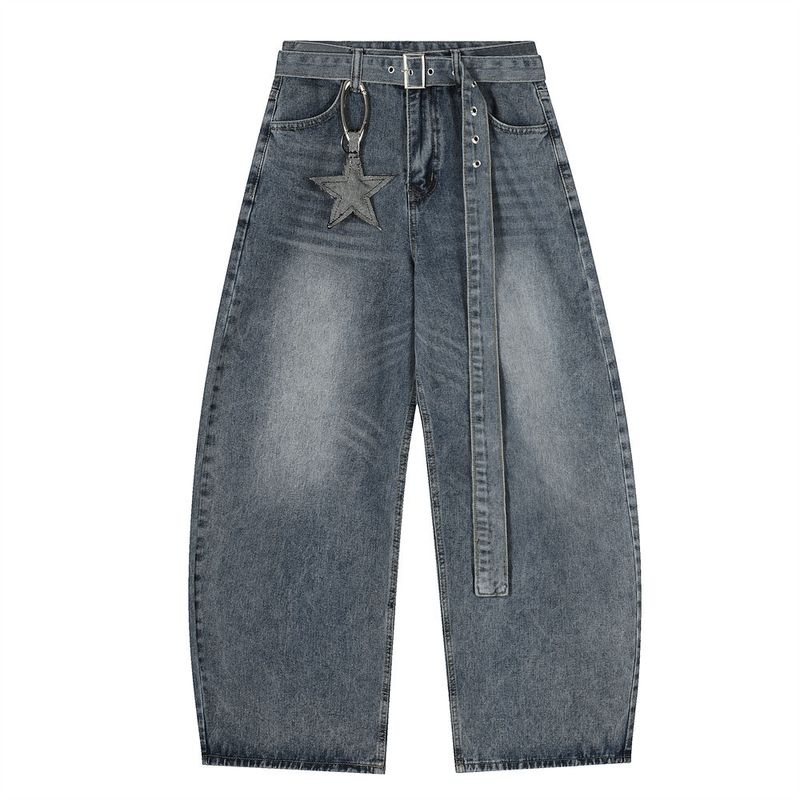 Men's Loose Fit American Street Style Washed Scythe Jeans With Belt And Pentagram Pendant, Wide Leg Pants_voghion.com