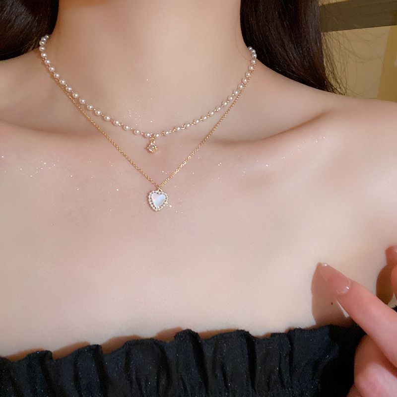 Genuine Gold Electroplated Pearl Double-layer Necklace With Creative Love, Sweet Collarbone Chain, Niche Instagram Style_voghion.com