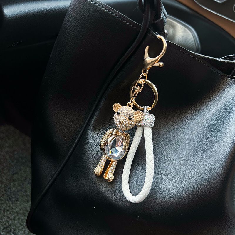 Korean Version Fashion Joint Bear Creative Leather Rope Cartoon Alloy Inlaid Diamond Car Keychain Bag Pendant_voghion.com