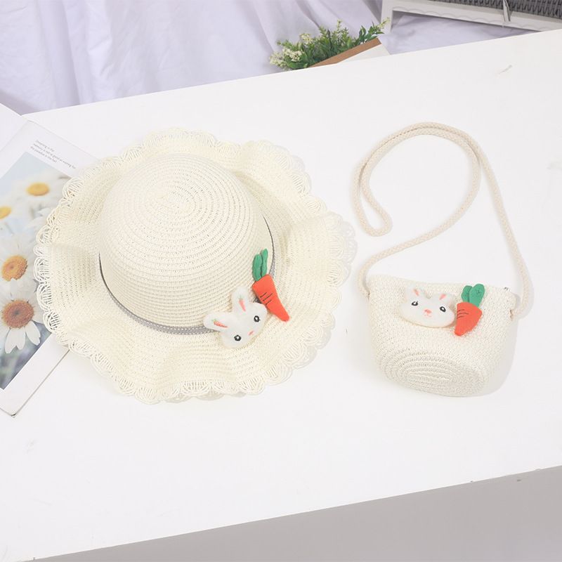 Piccolo set di cappelli da spiaggia con ombrellone in paglia per bambini e bambine, con bordo ondulato fresco_voghion.com