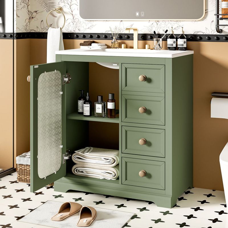 30-inch Bathroom Vanity With A Soft Close Gass Door, Adjustable Shelves, And 3 Drawers_voghion.com