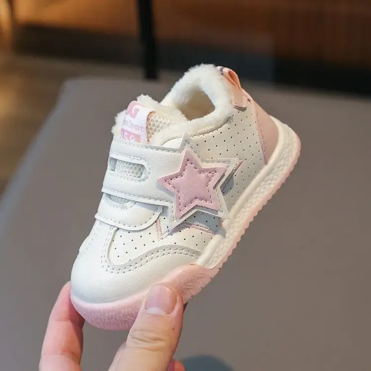 Scarpe da ginnastica invernali per bambini, calde, casual, con stelle, in PU, con gancio e passante, bianche, morbide e antiscivolo, per bambini piccoli, sportive_voghion.com