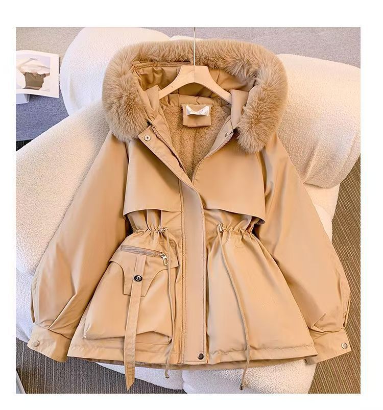 Fleecegefütterte Daunenjacke mit Pelzkapuze für Damen, warm, mit Kordelzug und Reißverschluss, gepolstert, Parkas, lässig, Baumwollmäntel, Puffer-Outwears_voghion.com