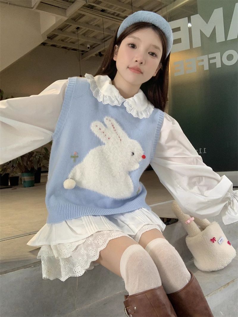 Sweet Rabbit~Cute Reduced Age Rabbit Jacquard Stacked Vest with Three Dimensional Plush Ball Decoration Exterior Top_voghion.com