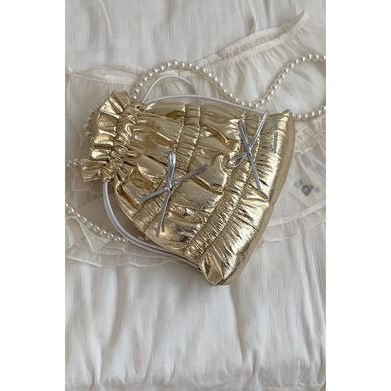 Borsa a tracolla con catena di perle per donna, 2025, nuova moda, borsa a secchiello con tracolla singola e plissettata con fiocco_voghion.com