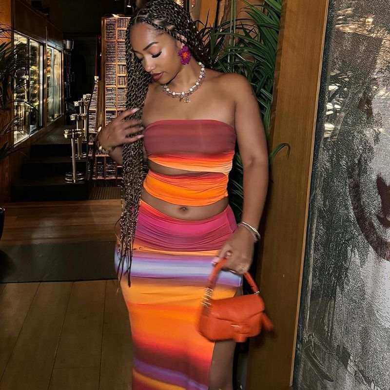 Women's Clothing Gradient Printing Sleeveless Sexy Tube Top Slim Hip Skirt Suit_voghion.com