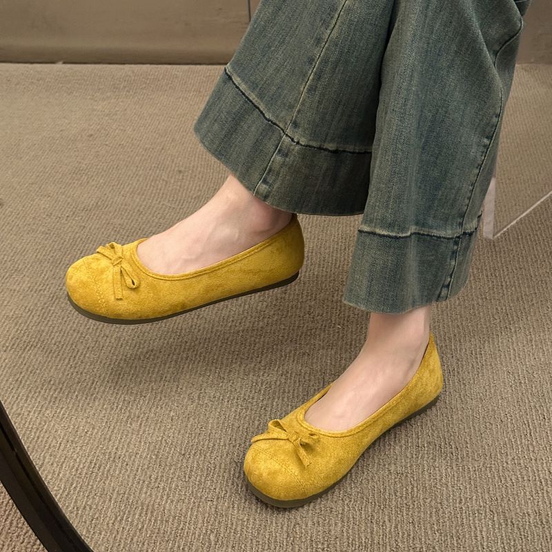 Retro Ballet Flat-soled Red Light-mouth Single Shoes Women's Suede Gentle Soft-soled Doudou Shoes One-pedal Ladyshoes_voghion.com