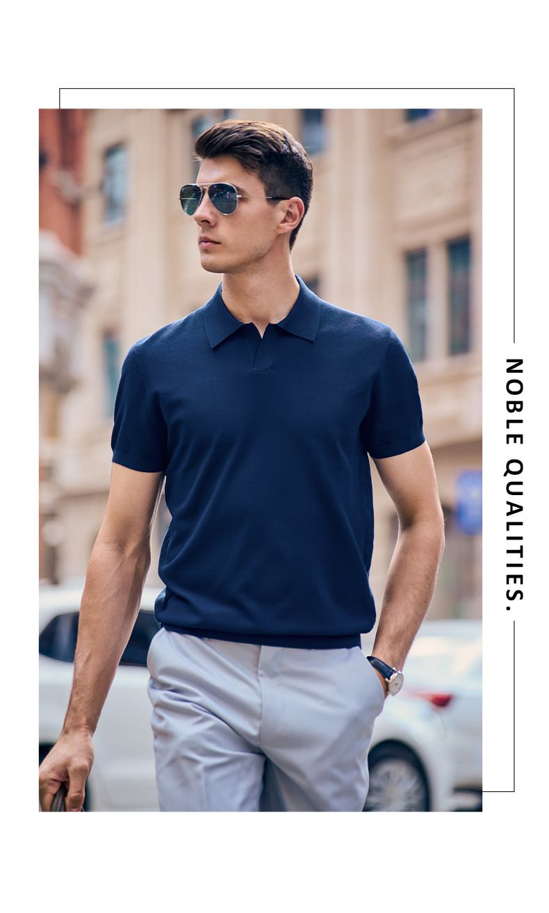 Herrenbekleidung Poloshirt V-Ausschnitt Kurzarm Strickpullover Herren Möwenkragen Sommer Eisseide_voghion.com