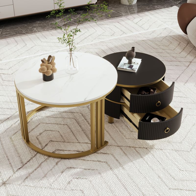 Table basse ronde 2 en 1 en MDF, table d'appoint avec plateau brillant et 1 plateau en marbre blanc, ensemble de table basse de salon avec 2 tiroirs, 70 x 70 x 46 cm + 50 x 50 x 40 cm_voghion.com