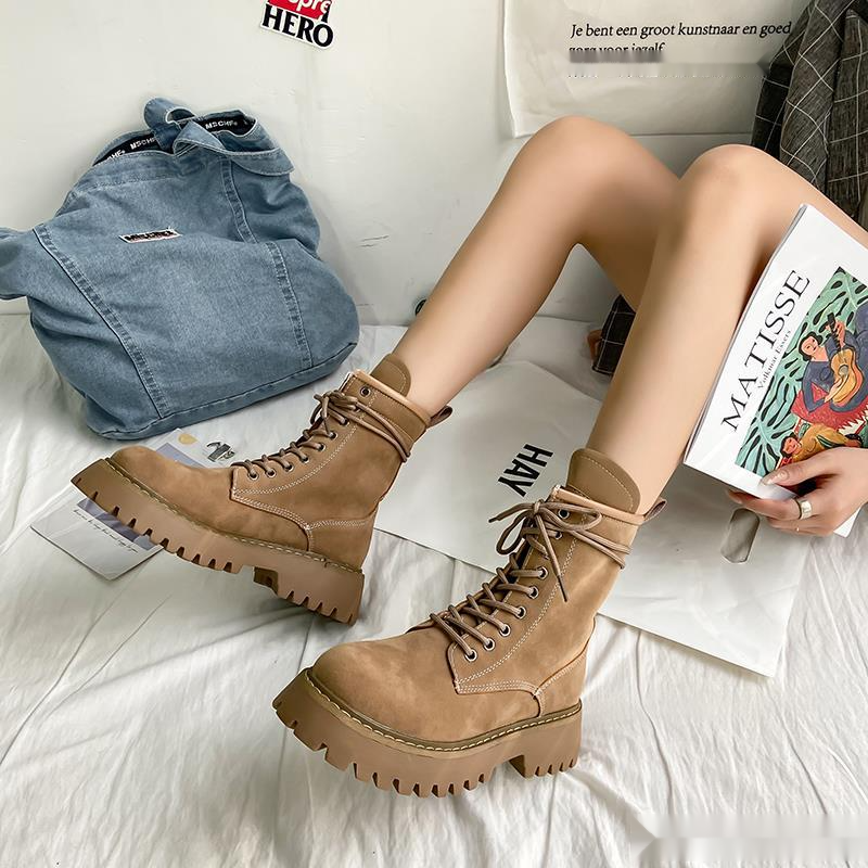 Ghete Martin maro de lungime medie pentru femei, toamna și iarna, cu talpă groasă, noi, 2024, cu înălțime crescută în interior, britanice_voghion.com