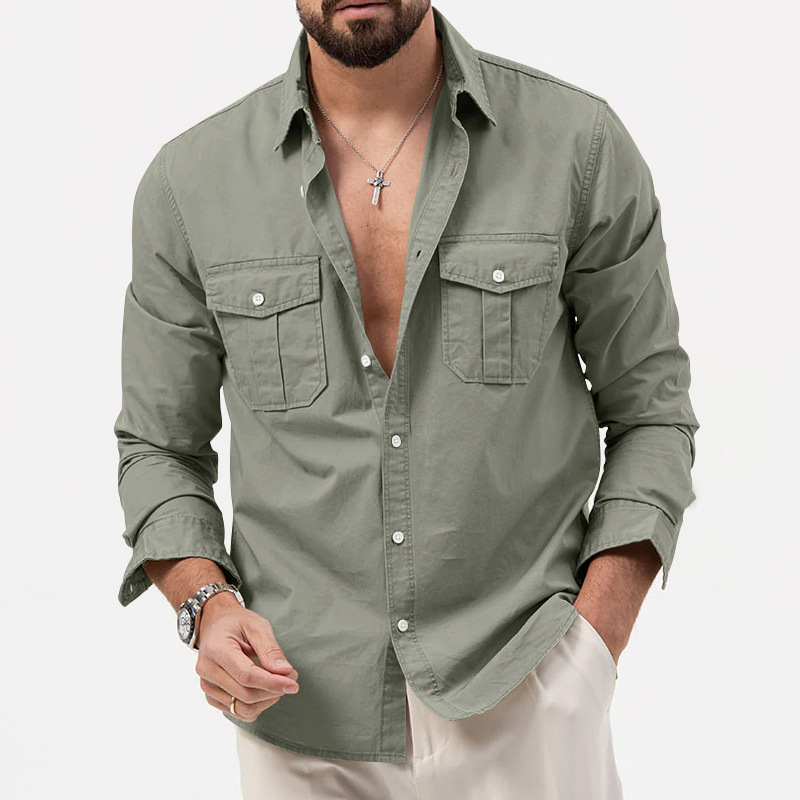 2024 Nova Estação Independente Transfronteiriça Camisa Masculina Multi-bolso Casual Manga Longa Camisa Masculina_voghion.com