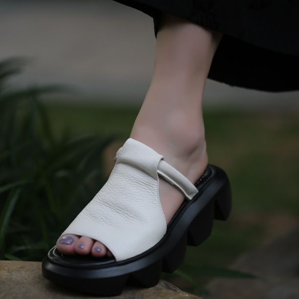 Top Layer Cowhide Wave Thick Sole Peep Toe Strap Casual Sandals_voghion.com