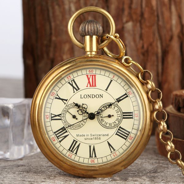 Brass Uncovered Roman Characters Five-pin Manual Manipulator Large Pocket Watch_voghion.com