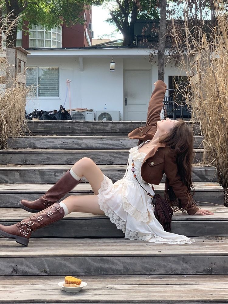 Vintage Autumn Winter Melad Design Lace-up Short Jacket Waist-cinching Irregular Dress Set_voghion.com