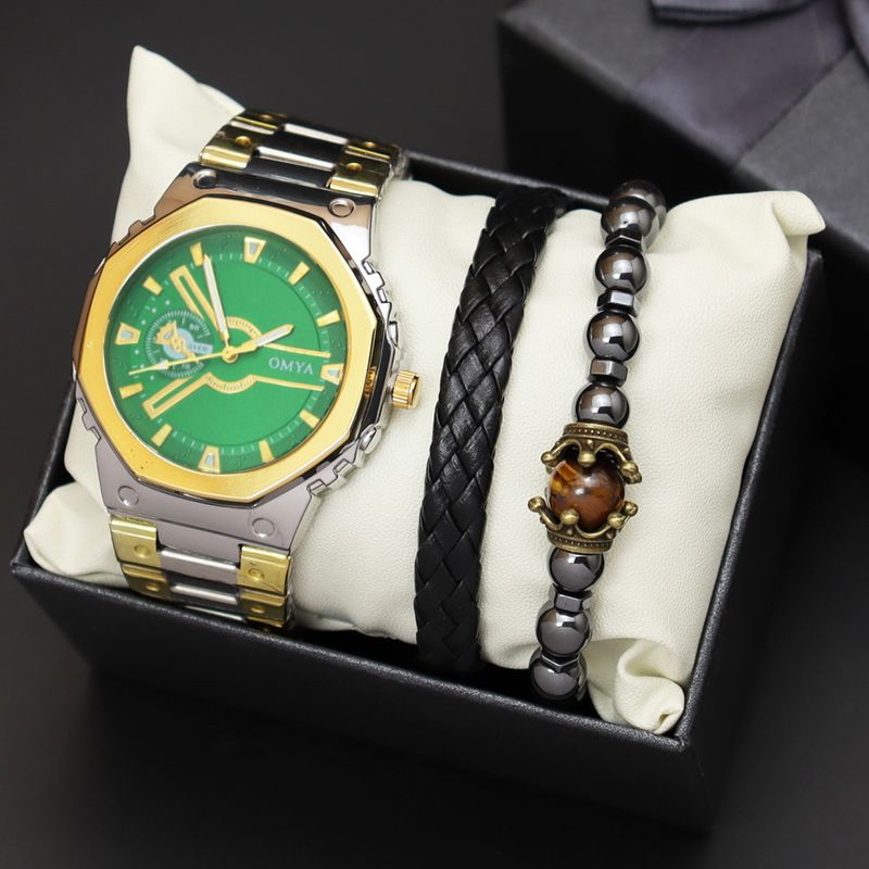 Geschenkbox Uhrenset Herren Quarz Wasserdicht Kalender Uhr Armband Stahlband_voghion.com
