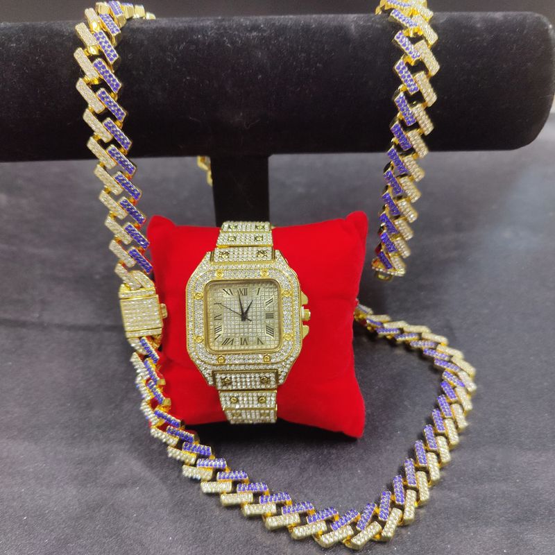 Hip Hop Uhrenset Diamantuhr Armband Halskette Geschenkset Kubanische Kette_voghion.com