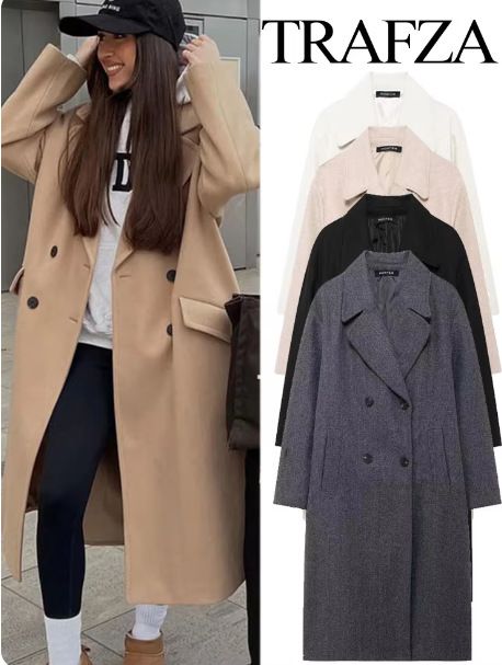 Trendiger, übergroßer, doppelseitiger Wollmantel – Langer Streetwear-Trenchcoat für Damen, lockere Passform und warm (Schwarz, Marineblau, Grau, Beige, Khaki)_voghion.com
