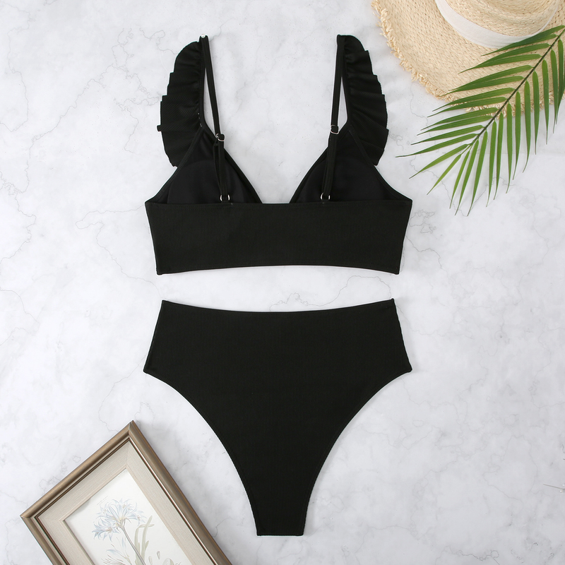Maillot de bain bikini rayé taille haute à volants et col en V pour femme, nouveauté 2025_voghion.com