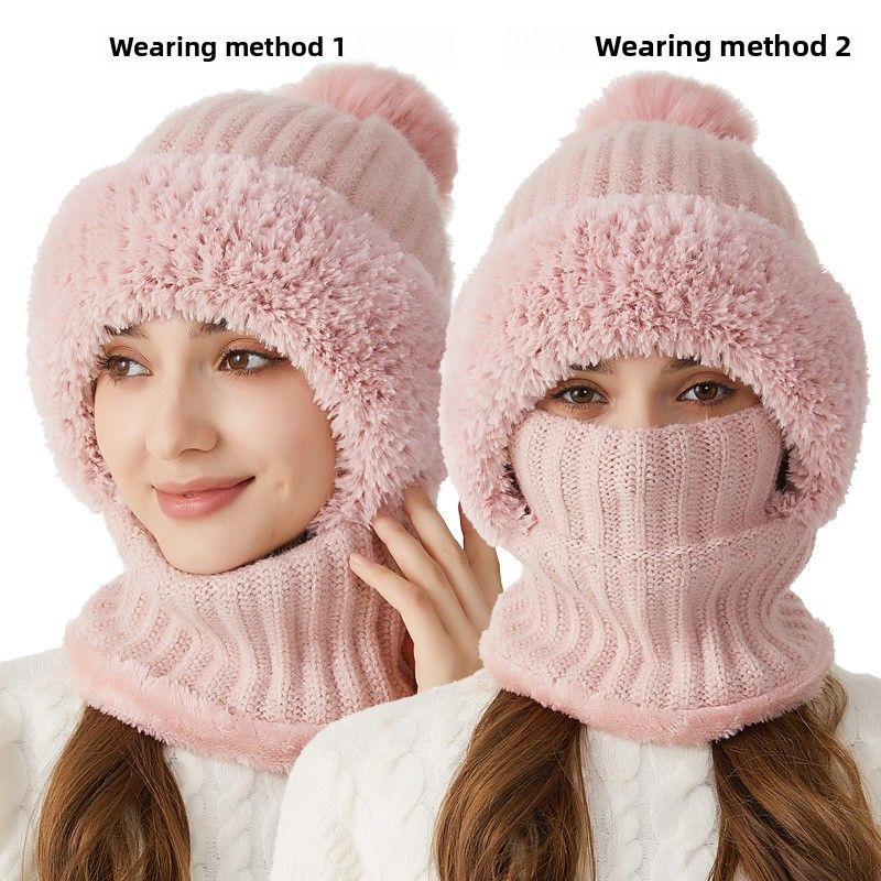 New High Elasticity Solid Color Knitted Scarf Mask One-piece Women Winter Riding Windproof Warm Hat_voghion.com
