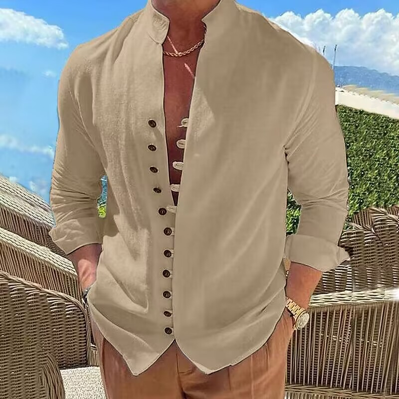 Herrenbekleidung Lässiges Leinenhemd mit Knöpfen Sommerhemd flaches Blei Sommer Alltagskleidung_voghion.com