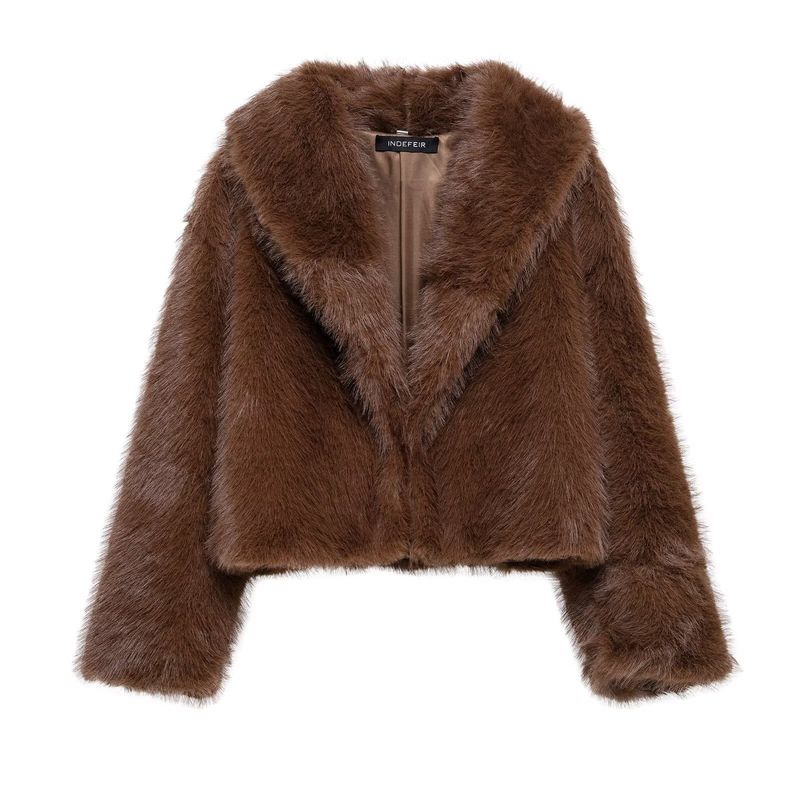 Eleganter, einfarbiger Kunstpelzmantel – Kurze Damenjacke mit Schalkragen (XS-L, Schwarz/Burgund/Kaffee)_voghion.com