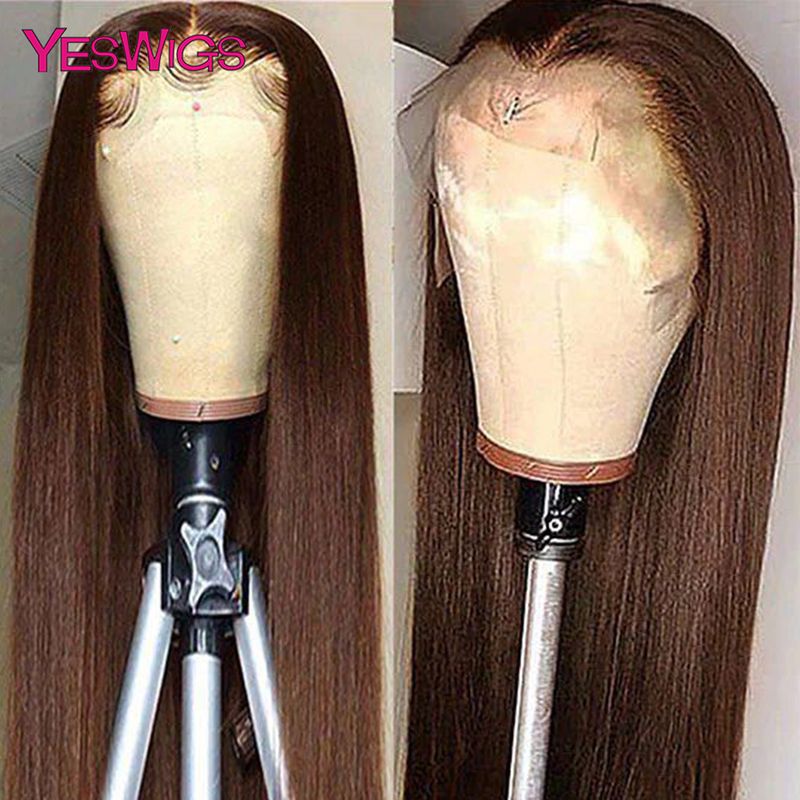 hot selling 13x6 Chocolate Brown Colored Front Human Hair HD Transparent Straight 360 Full Lace Frontal Wigs For Women Glueless_voghion.com