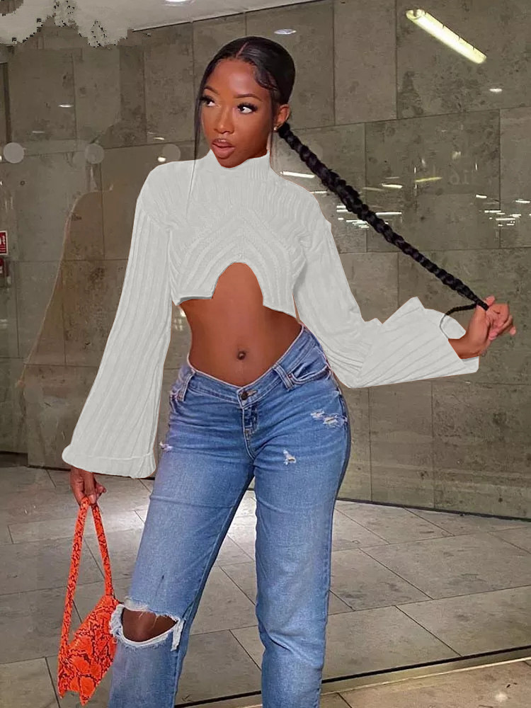 Haut mi-long décontracté à manches longues et col rond pour femme, classique, slim, irrégulier, col licou_voghion.com