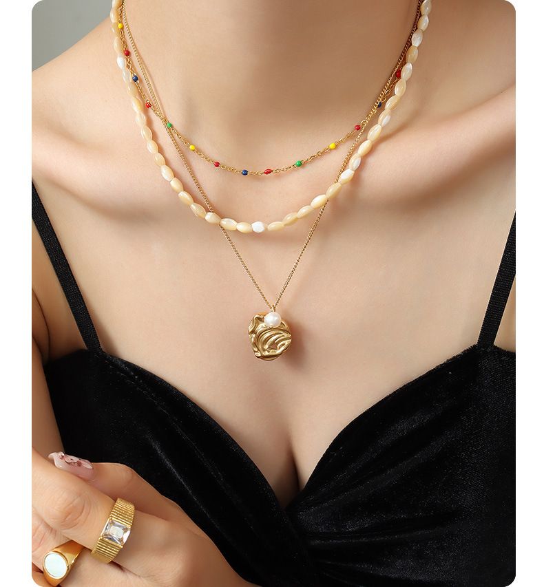 Women's Jewelry Tropical Seashell Beaded Double Layer Necklace With Colorful Enamel Drops, Geometric Design, Titanium Steel, 16-20 Inches_voghion.com