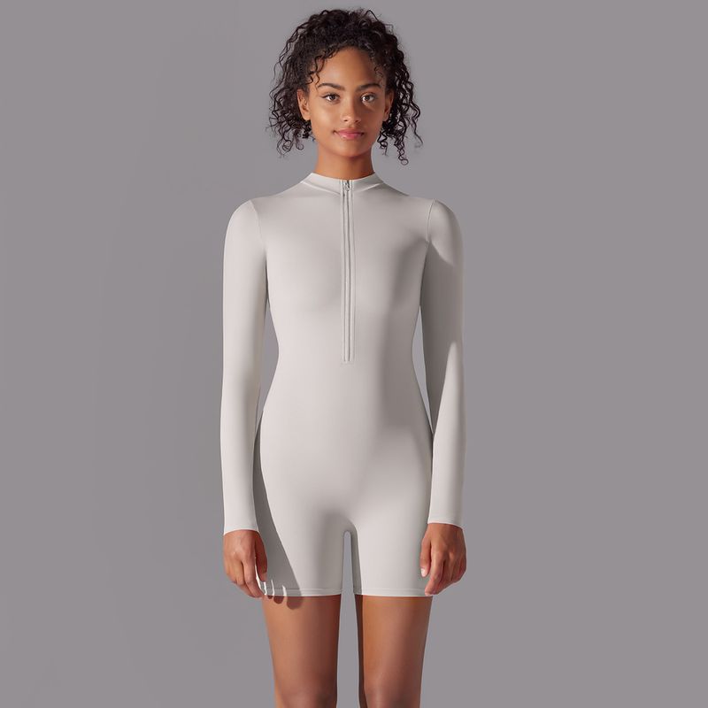 New Zipper Shorts Running Sports Fitness Solid Color Three-Point Open Collar Yoga Wear Tight High Elastic One-Piece_voghion.com