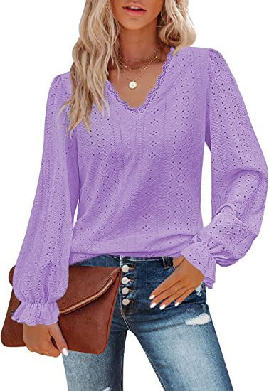 Maglietta con scollo a V da donna, nuova stagione 2025, autunno, casual, con maniche arricciate e traforate_voghion.com