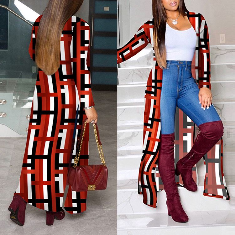 Cappotto casual da donna lungo moda autunno e inverno con nuova stampa geometrica_voghion.com