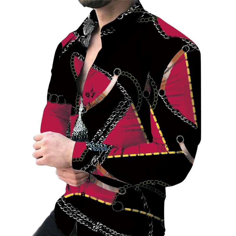 2024. gada pavasaris, jauns vīriešu digitālās drukas krekls ar ziedu apkakli, brīvajam laikam, šaurs piegriezums ar garām piedurknēm._voghion.com