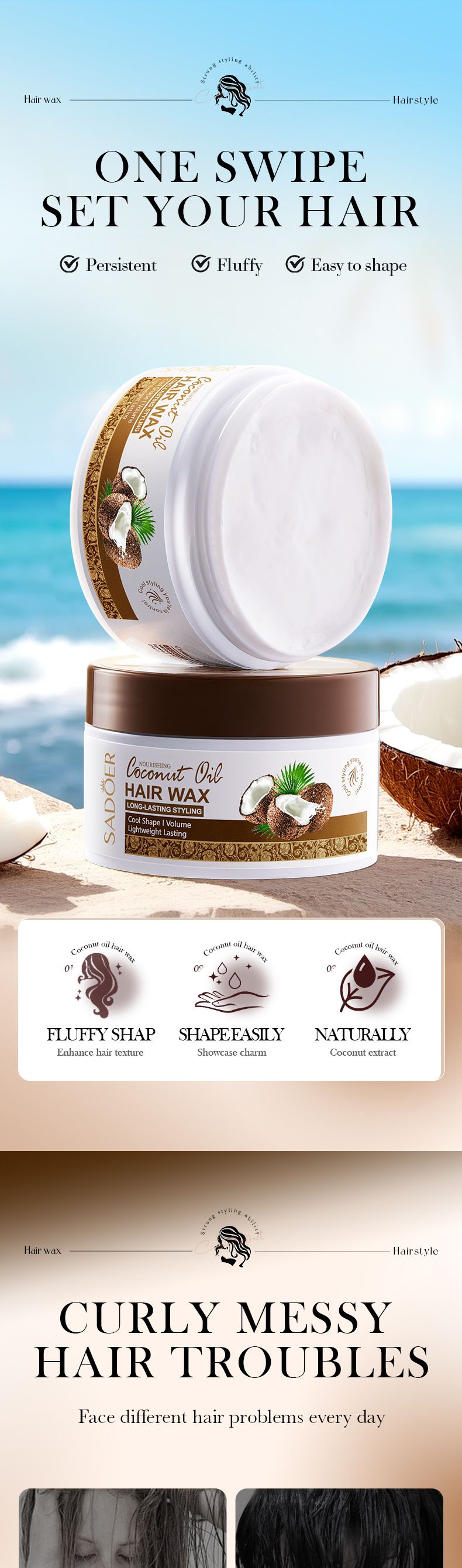 Haarwachs SADOER Pflegendes Kokosöl-Haarwachs 100 g Festes Styling-Haar, krauses Haarwachs_voghion.com