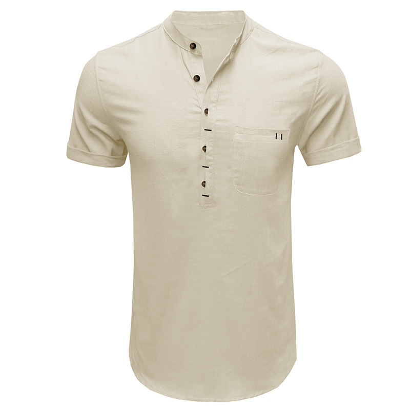 Camicia uomo manica corta tinta unita collo Henry, camicia da uomo in cotone e lino_voghion.com