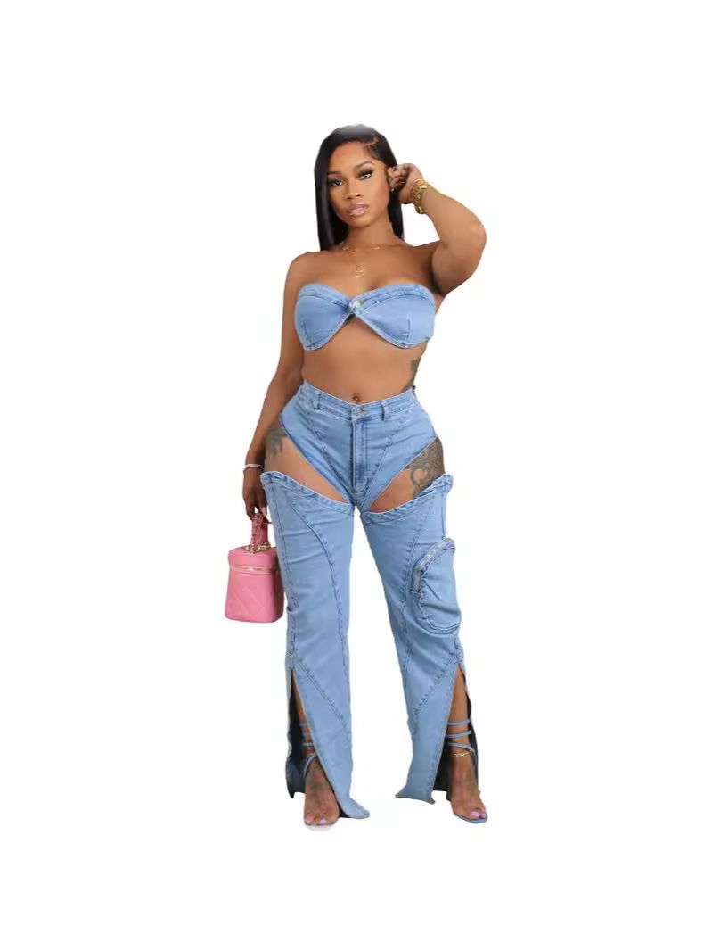 Dammekleeder Sexy Broschtwéckel Récklos Top Perséinlechkeet Héich Taille Split Reißverschluss Jeans Zwee-Stéck Set_voghion.com