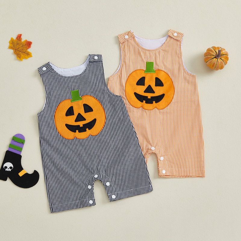 Halloween Baby Romper Sleeveless Jumpsuit With Pumpkin Embroidery - Snap Button Shoulder Design For Boys & Girls (0-18M)_voghion.com