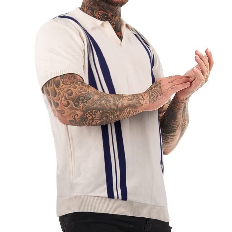 Men's Clothing Polo Shirt V Neck Short Sleeved Knitted Sweater Men's Striped Color Matching Slim Fit Business Ice Silk Breathable Trendy_voghion.com