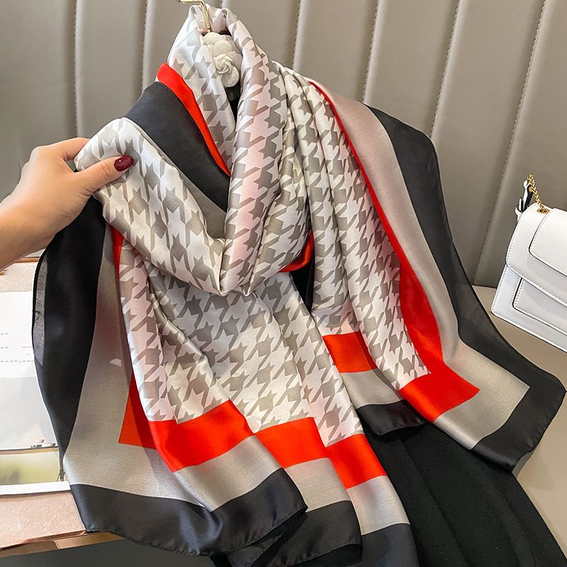 Korean version of Qianniao grid fashionable simulation silk for women's autumn winter warmth neck protection shawl,_voghion.com